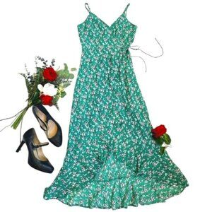 The Fifth Label Women's Wrap Maxi Dress Size XS Green Floral Ruffle Hem Boho